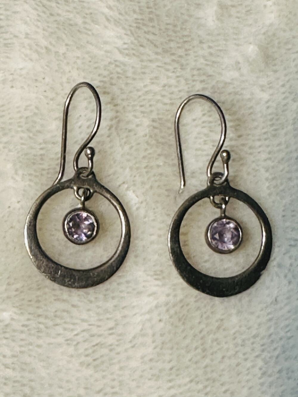 Vintage Sterling Silver 925 Round Amethyst Drop Earrings Boho Jewerly Casual